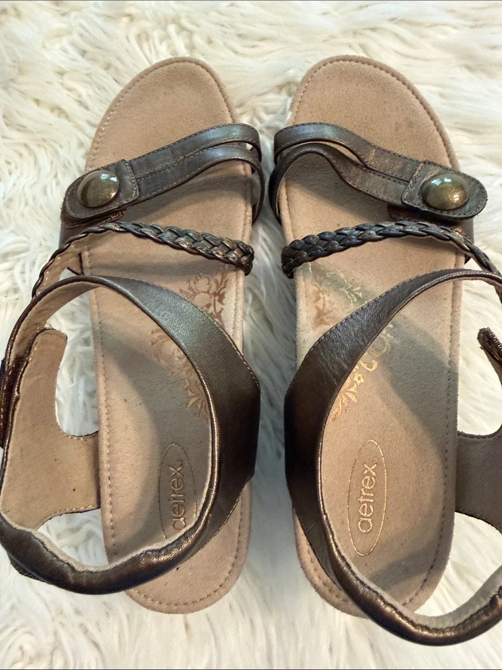 Aetrex Bronze Braided Strap Wedge Sandals size 41 USA 10 BNWOT Leather Upoer